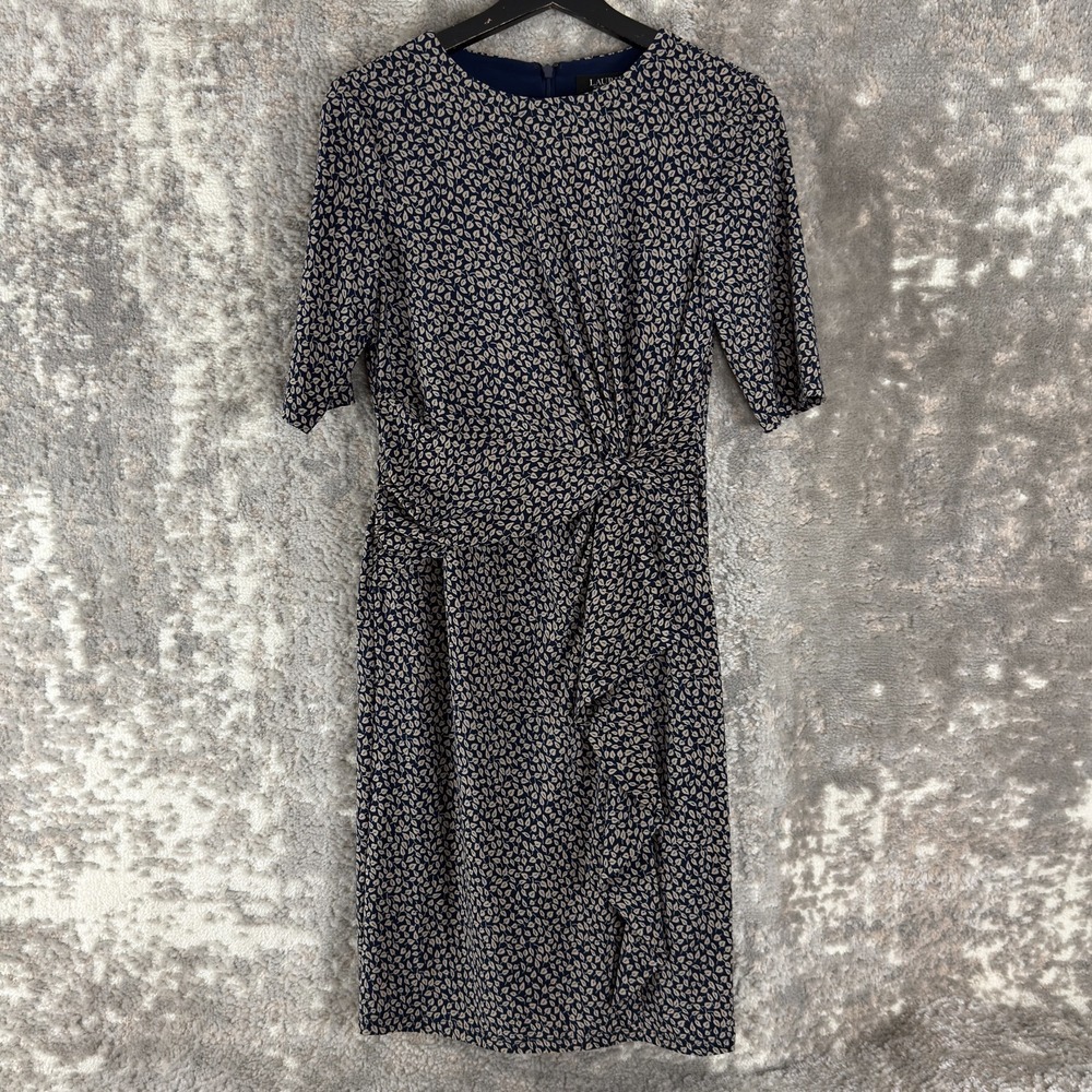 Ralph Lauren Size 4 Black Label Floral Tropical Knee Length Sheath Navy Gray Zip